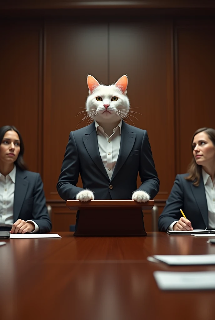 A white cat in a ladies suit makes a presentation at a meeting