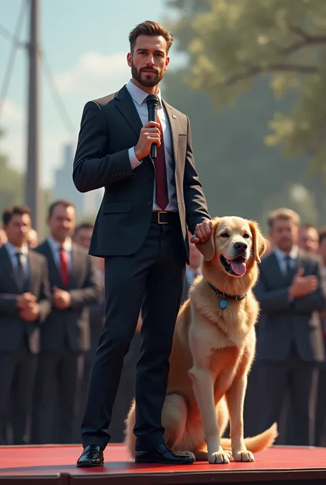 Man holding dog with microphone in his hand