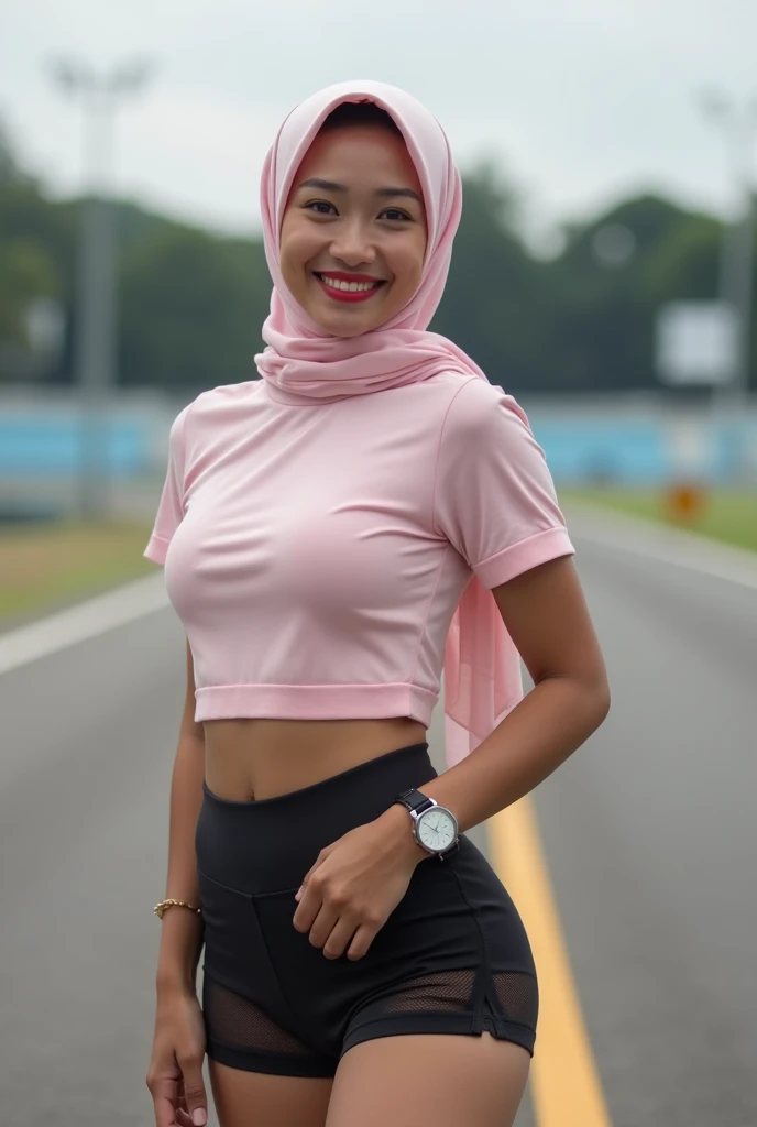 Indonesian woman in hijab age 37 ,  wearing a light pink tight t-shirt  (over pants ),  black shorts  (transparent), Light pink sports shoes ,  sports watch , body goal , large round buttocks , beautiful hips , round breasts, wide red lips ,  very detailed...