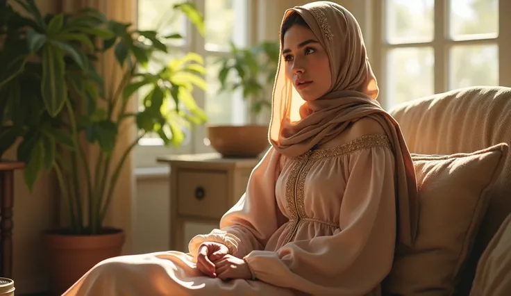 (photorealism:1.2), beautiful woman muslim, sitting Inside the house  wearing loose off-shoulder top, Muslim wedding dress long  indoors, soft lighting, plants in background, window with sunlight, cozy room, relaxed pose, realistic, intricate details, warm...