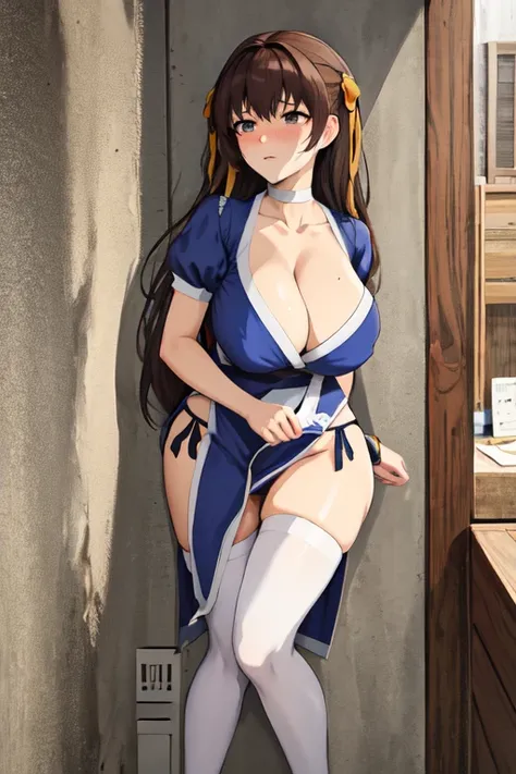 masterpiece, best quality, beautiful art, high resolution, well formed hands, body and fingers, 1 woman, solo, Haruhi Suzumiya, 31 years old, adult, grown up, large and big breasted, cleavage,  full body, braided long hair, blue_japanese_clothes, wearing D...