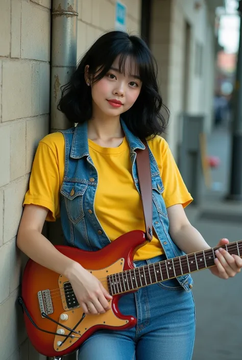 Korean young women, 80s feathered black hair, yellow tshirt, blue denim vest, denim tokong pants, leaning againts the wall while playing guitar, set in 1980s.