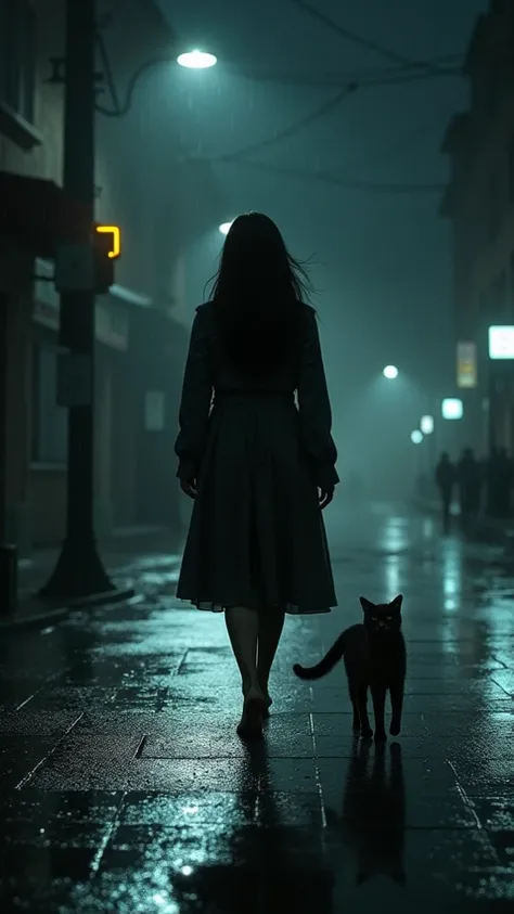 A woman walking barefoot on a dark,rainy night street,close-up of her wet feet,with a cat walking alongside her,reflections of street lights on the wet pavement,gloomy atmosphere,intricate details of raindrops