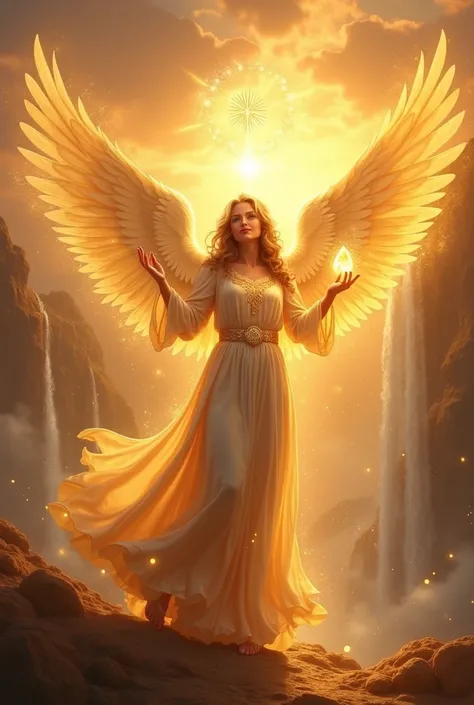 Lelahel, the angel of light, healing, and divine love, is depicted as a majestic figure radiating warm golden light, symbolizing illumination and vitality. They are dressed in flowing robes that shimmer with hues of gold, crimson, and white, representing d...