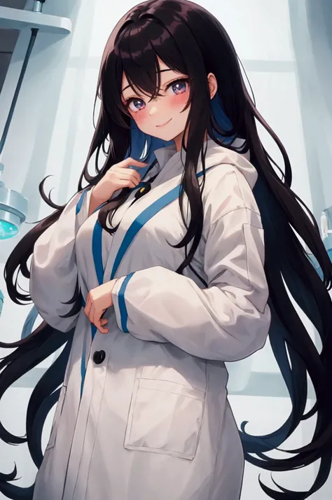 Anime girl scientist, in  white science lab, has black hair, blushing, hot, cute, pretty, holding hair, long hair. Smiling suspiciously.