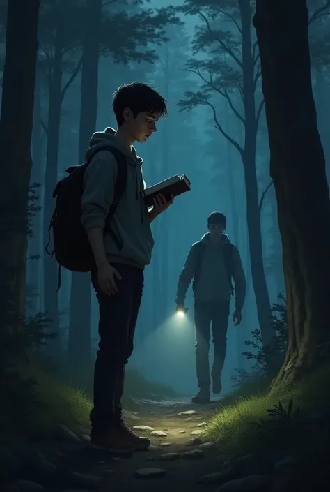 A fleeting shadowy figure moves quickly between two trees in the background. The young man is startled, holding the book in one hand and his flashlight in the other, trying to locate the source of the movement.