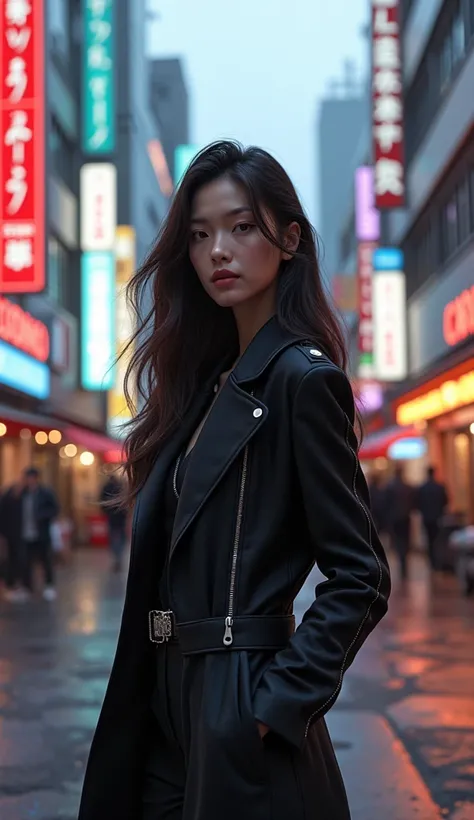 A stylish woman standing in the street of Tokyo with long hair and beautiful face