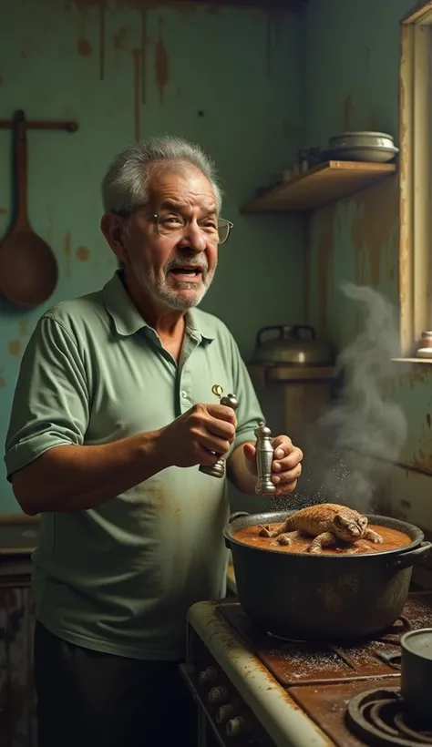 **Prompt:**  A hyper-realistic scene showing President Lula ,  with a head disproportionately large in relation to the body, the head much bigger than the body ,  standing in front of an old and rusty stove in a simple and worn kitchen .  He holds a salt s...