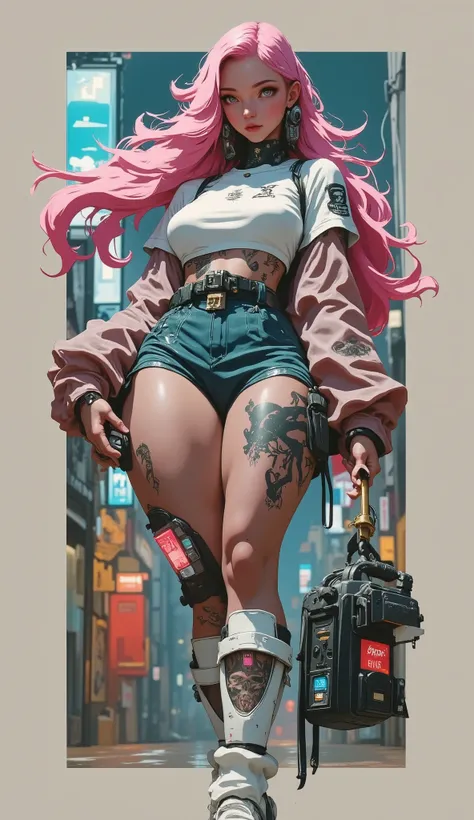 foreground, anatomically correct x , A voluptuous , wide hips, Big breasts , , without showing private parts , Young woman with long pink hair , tattooed body, Wears a miniskirt and a white top .., Subtle view of her butt in a full body shot.., de...