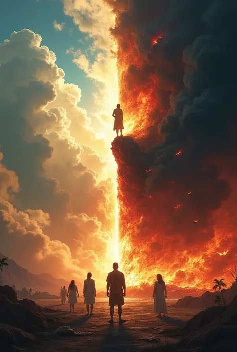  The contrast between heaven and hell ,  a landscape divided between heavenly light and hellish flames.  Human figures on the border deciding their destiny . Shocking and surreal .