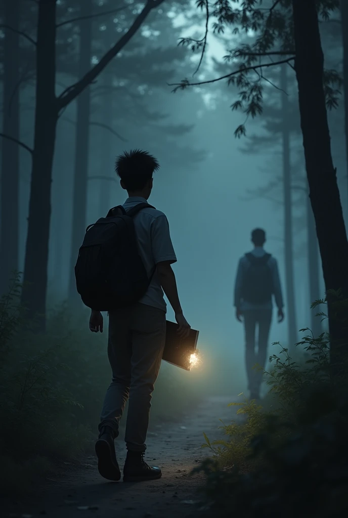 A fleeting shadowy figure moves quickly between two trees in the background. The young man is startled, holding the book in one hand and his flashlight in the other, trying to locate the source of the movement.