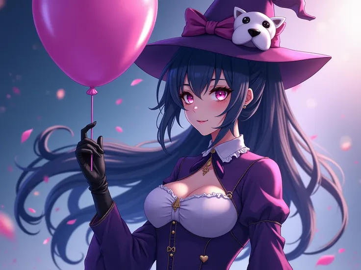  an anime of a woman in magical clothes, holding a dog balloon , a theater mask on the face, some purple and blue ,  a woman with dark blue skin ,  long-haired humanoid Fursona , black gloves on hand,  ponytail hair 