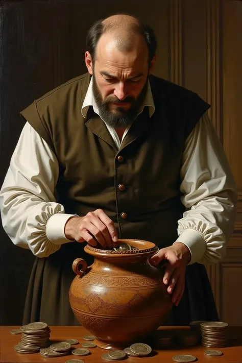 A man putting his money inside a pot 15th century pot. 