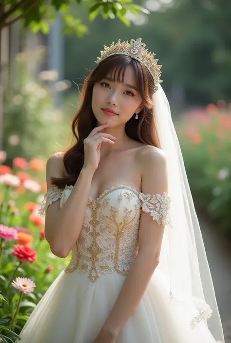 "A natural photo of an 18-year-old Thai girl preparing to marry a beautiful bride, with a white veil with gold patterns.

A photo of a young Thai girl with long, straight brown hair who is thinking. She has fair skin, a sweet face, and light makeup with nu...