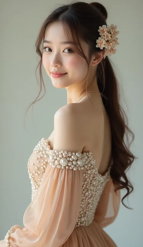 Beautiful young woman, white skin, smiling face, long brown hair, ponytail, adorned her hair with pearl flowers, wearing a beautiful light brown skirt dress with pearl embellishment, beautiful long sleeves.