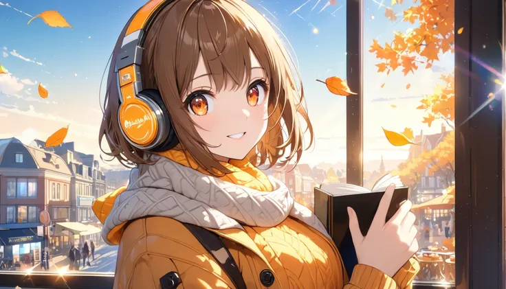 background：Cafe window、   falling leaves dancing outside   。  
Performance：   quietly concentrating on the book   、Suddenly smiling   。  
 costume ：   casual jacket and scarf   。  
 pose：  holding a cup  、 holding a book with one hand  。  
scene：(   brown-...