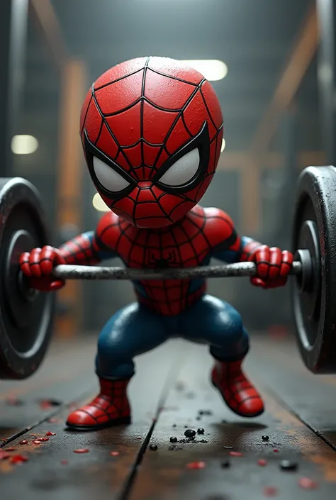 Mini Spider Man working out in anger in gym
