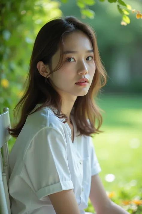 [Young woman in a school uniform, sitting serenely on a white chair outdoors, exhibiting a calm and contemplative mood], [Photographic portrait, natural and soft style], [Annie Leibovitz - for the soft lighting and natural posing], [Shallow depth of field,...