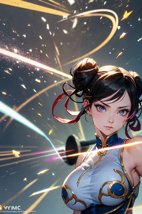 chun li e  Han Juri ,, young woman, black short hair  , Amazing guy , Colan ,May, Coxas Torneadas, Evil Smiles , Han Juri ,Hair Horn,Body Details,Light yellow lights ,Beautiful Body with Light Details 、 fierce battle 、(( motion blur:1.5)),(effect)、(Pale Fl...