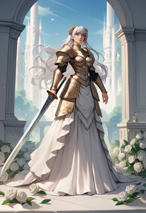 Masterpiece,Best quality, Anime style, Female, silver hair, long hair, knight, figure with a white rose motif, sword and armor decorated with white roses, beautiful pure white roses blooming in the background, arena, holding a thin, sharp sword.