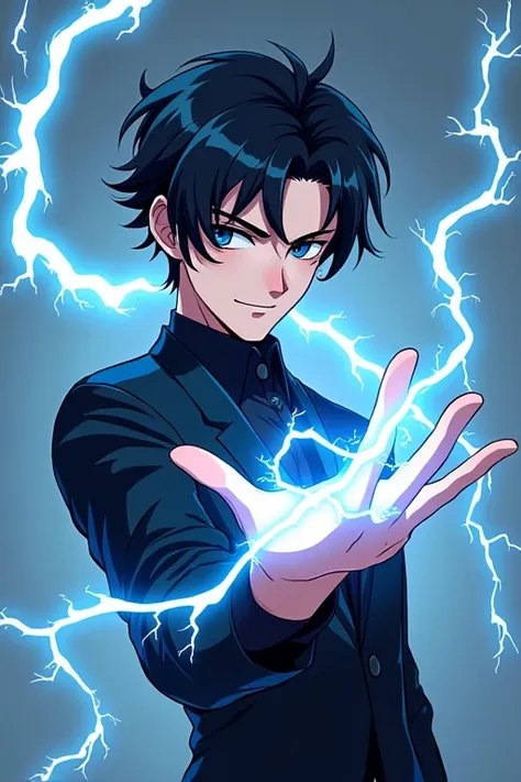 Black Hair,Black Gakuran suit,male,Anime Style, black Eye,He has a blue electric special move coming out of one hand, handsome smiling closed mouth on face,