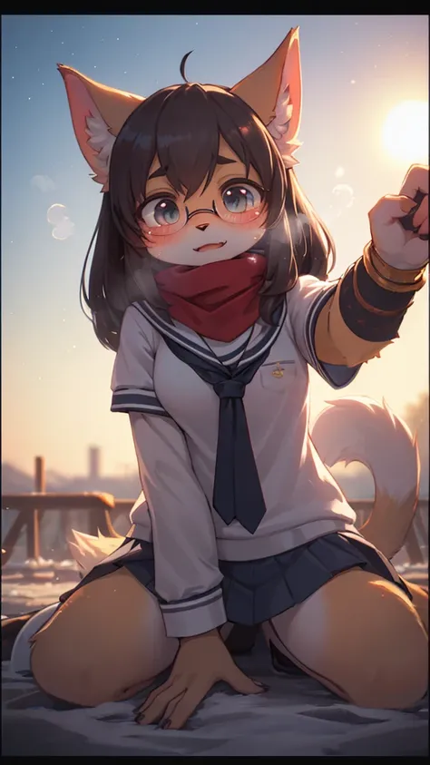 Pure Love , being Confessed , School cat girl, Cat Whiskers , winter school uniform, hide mouth by scarf , round glasses , Disarray tied hair , butter face , loose body , Freckles , ugly geek , steamy breath , winter , in the after school ground , (Sumilux...