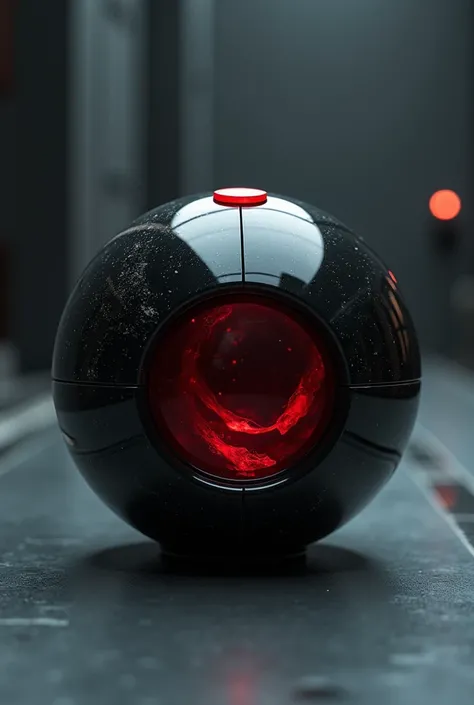 a marble sized black futuristic containment device with blood inside of it and a small red button on it to press and open it