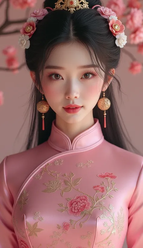 A beautiful Chinese goddess with perfect golden ratio facial features, including wide double eyelids with prominent tear troughs. She has a normal-sized chest and long, flowing hair that enhances her divine presence. She is wearing a pink Chinese cheongsam...