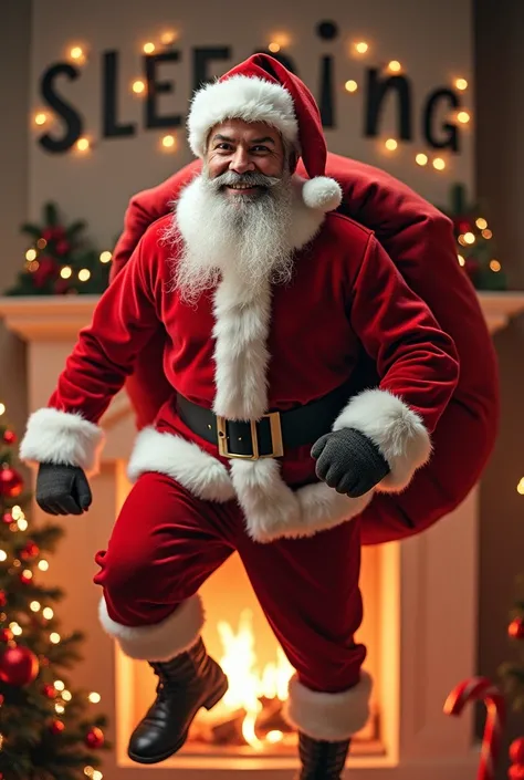 Christiano Ronaldo, portraying Santa Claus, is positioned in the center of the image. He is wearing a traditional Santa Claus costume: a red suit with white fur trim and a black belt. He is carrying a large red sack on his back. He is depicted in a dynamic...