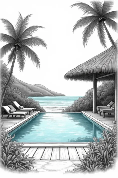 - beach eco-resort located in siargao
- pool with the view of beach and sunrise 
- make it looks like hand drawn from pencil,  and made by student in white and black