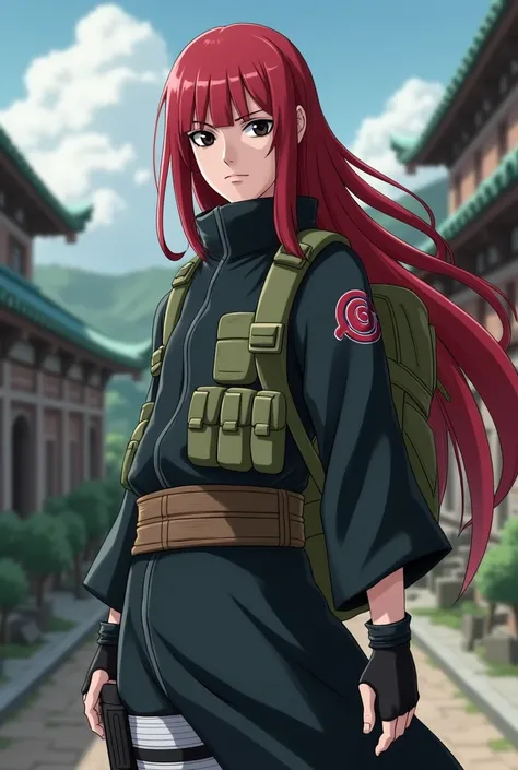 Jounin de Konoha,  long red hair,  black eyes , without a mask and with a bag on the back