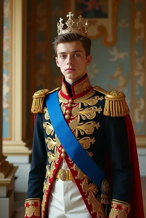 Create an image of a young, regal European king, Louis-Antoine, Duke of Angoulême, portrayed with dignity and calm authority. He is dressed in elegant 19th-century royal attire, wearing a richly embroidered military uniform with golden epaulets, a sash of ...