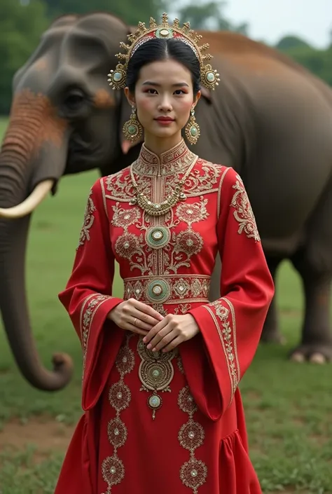 Create a Miss Grand Samutprakan dress, a unique piece of jewelry that is unique to Samut Prakan, with an emphasis on red colors and a samut serene elephant.