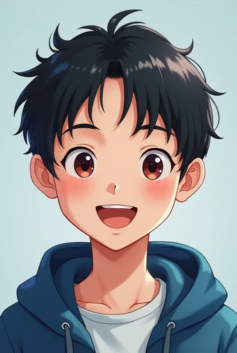 male teenager with straight black hair who is smiling and who is wearing a blue buso