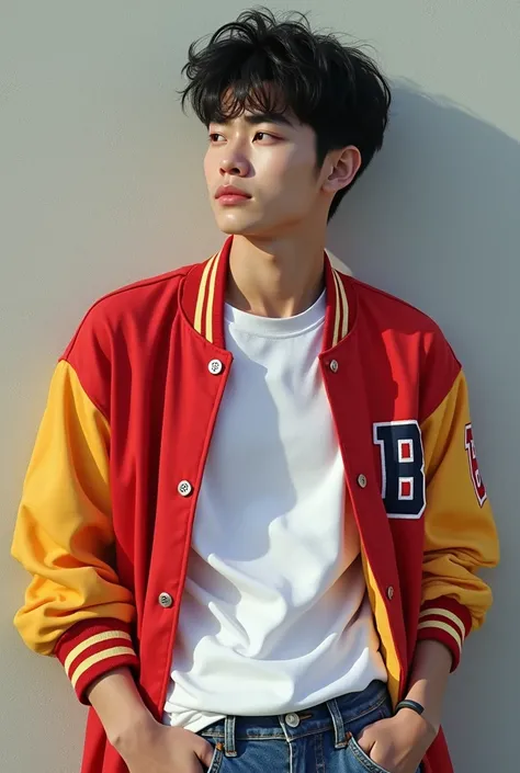 Korean young man, 80s black hairstyle, white tshirt, red varsity jacket, 80s denim pants, leaning against the wall, set in 1980s.