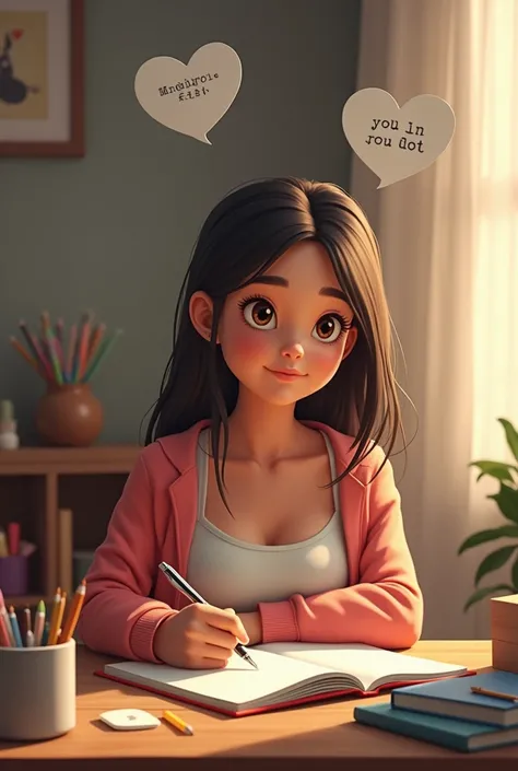  Girl with pen and notebook ,  sitting in front of desk ,  writing down weight loss plan .  Around are symbols of motivation such as the shape of a heart, painting “You Can Do It” .