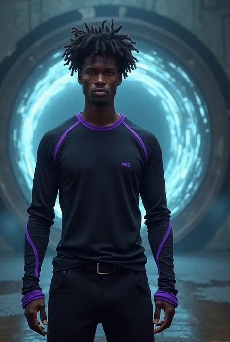 Dark brown male character with curly hair 
In front of a portal , a pair of black pants,  black long-sleeved t-shirt with purple details