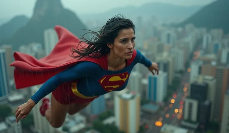 lots of rain; Helen Slater 1984 Supergirl movie; wide view; stretched body; perfect anatomy; big breasts, work of art; scene from a DC comics action movie; Supergirl 1980s 60 years old flying over the Rio de Janeiro city lots of rain; under heavy rain; Sup...