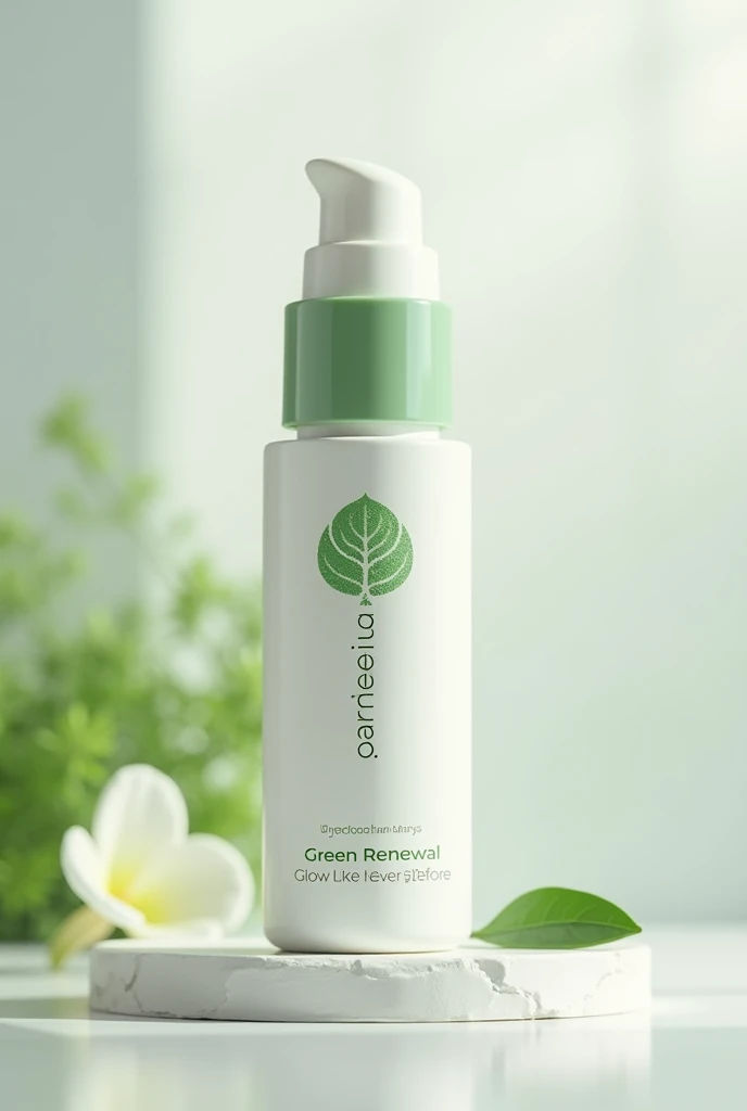 professional photograph of a serum with a biodegradable container, white background or one that transmits ecological , vegan ,  looks luxurious and expensive and reads as follows : Green Renewal - Glow Like Never Before and the name of the company is calle...