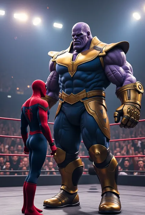 Spider-Man stands  to Thanos in WWE ring with dangerous body