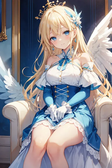 A modern style bedroom ， A charming blonde angel sits on a bedroom chair and looks， Her long hair is adorned with delicate hair accessories ，She has bright blue eyes and a bright smile 。 She is wearing a blue and white off-the-shoulder pleated dress ，Match...