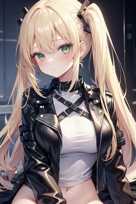  1 girl, Alone, face,  portrait,  long hair,  ponytails bleeding from the vagina,  blonde hair, Green Eyes,  Big Breasts , ( black leather jacket:1.2) ,  clevis,  School,  Blushing ,  in, 