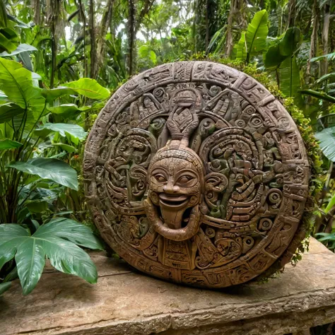 A ancient jungle overgrown city with stylized carvings of serpent people with big breasts sometimes visible through the vines (inspired by Mayan architecture)
