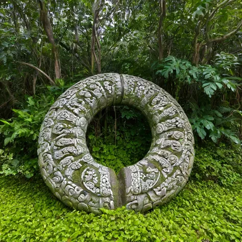 A ancient jungle overgrown city with stylized carvings of serpent people with big breasts sometimes visible through the vines (inspired by Mayan architecture)
