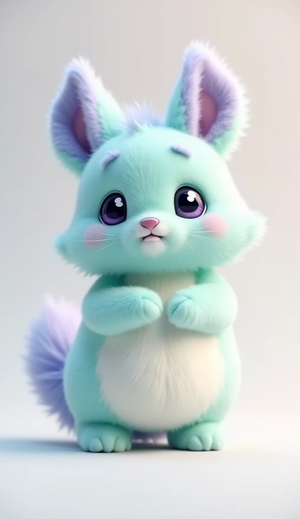 "Adorable, fluffy anthropomorphic creature designed for modern social media trends. The character has soft, fluffy fur in pastel colors (such as lavender, mint green, or baby blue). It features large, expressive eyes with a gentle sparkle, and a small, cut...