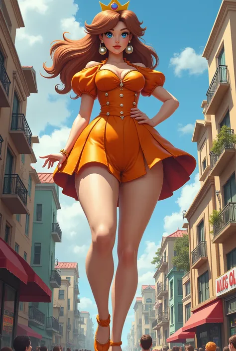  Princess Daisy from the Mario Bros game ,  Daisy is 60 meters taller than buildings walking around town wearing an orange mini dress,  big thighs,  brown hair ,  realistic drawing style, realistic mini dress with several layers, real world drawing style 