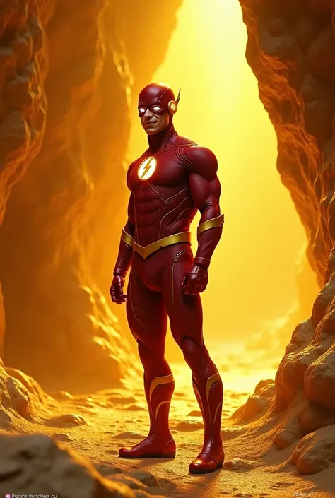 A white eyed Flash ( dc comics hero ) wearing a red burgundy tatical suit smiling at a golden cave, day time