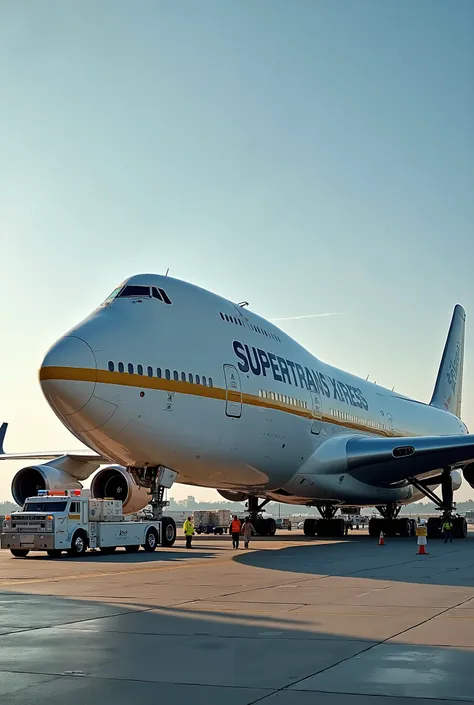 A cargo plane called Supertrans Express is at the airport with a large load of cargo and staff