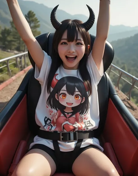 (She is enjoying the roller coaster ride wearing a tee with a large print of her favorite cute devil girl), ultra-realistic, photorealistic, dramatic scene, shadow, global-illumination, solo, (20 years old Japanese famous idol girl:1.5), bad girl, very bea...