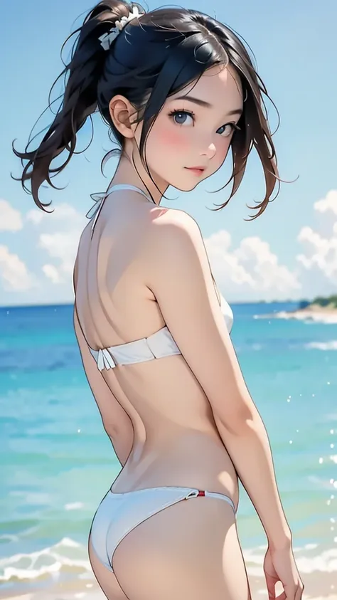 (12years old:1.4),(Very Young Face), (japan Person famous idol), 1girl, 1girl, (Extremely small white micro bikini style:1.4), Stroll along the seaside, sunshine, (masterpiece:1.0),(best_quality:1.0), ultra high res,4K,ultra-detailed, photography, 8K, HDR,...